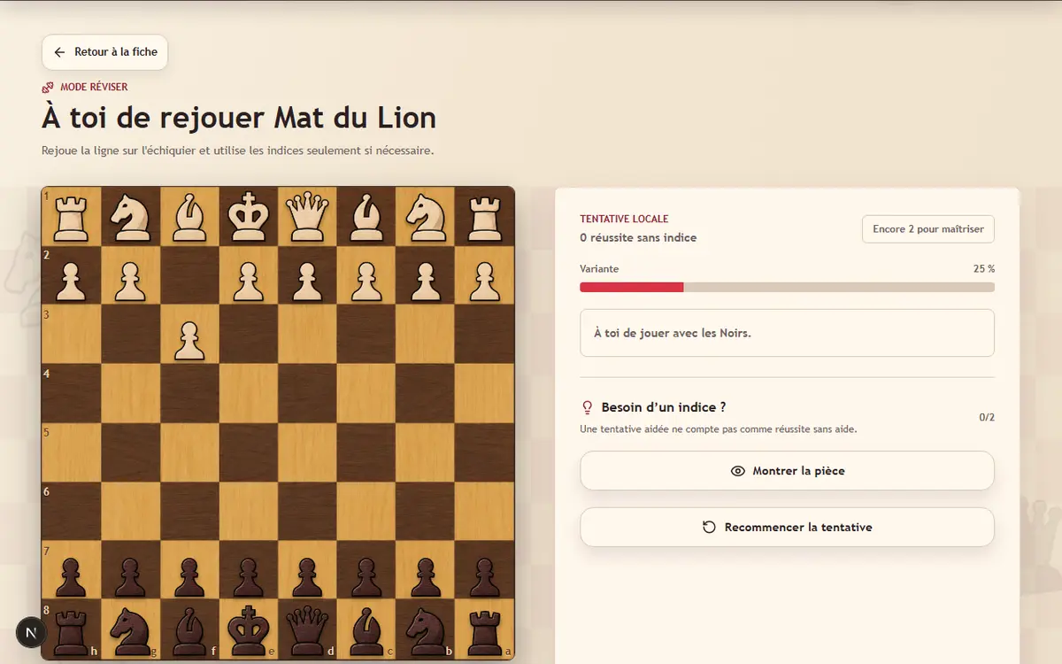 Mode Réviser de TrapMate avec l’échiquier interactif